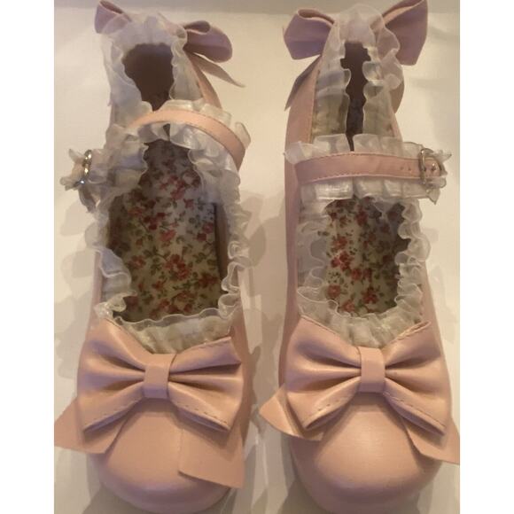 Lolita Womens Mary Janes Pump Shoes Bowknot T-Strap Block Heel Lace - Size 34 - Picture 2 of 8